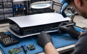 Technician repairing a damaged PS5 HDMI port