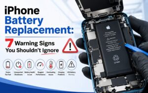Technician inspecting an iPhone battery for rapid drain and replacement at an Orlando repair shop