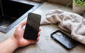 Water-damaged phone being dried after accidental water exposure