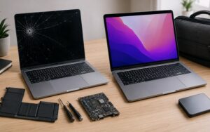 Technician inspecting a damaged MacBook before recommending repair or replacement