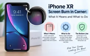 iPhone XR screen showing a dark corner and display discoloration